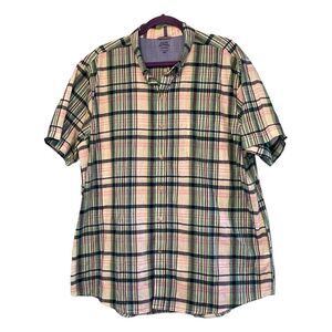 Izod Saltwater Button Down Shirt Blue Green Dockside Chambray Plaid Short Sleeve